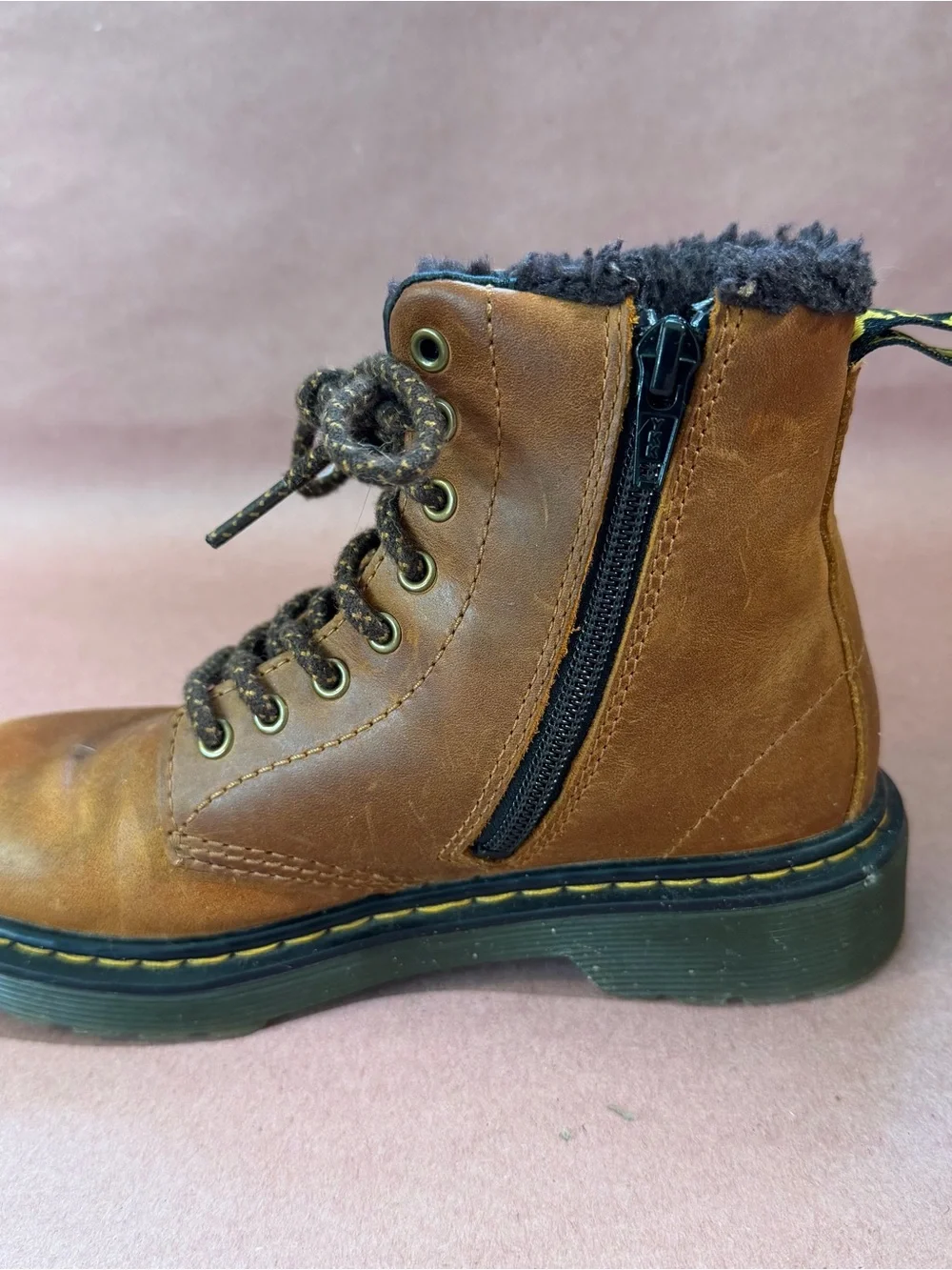 Dr. Martens 1460 Serena Brown Leather Lace-Up Faux Fur-Lined Boots Kids Size 1